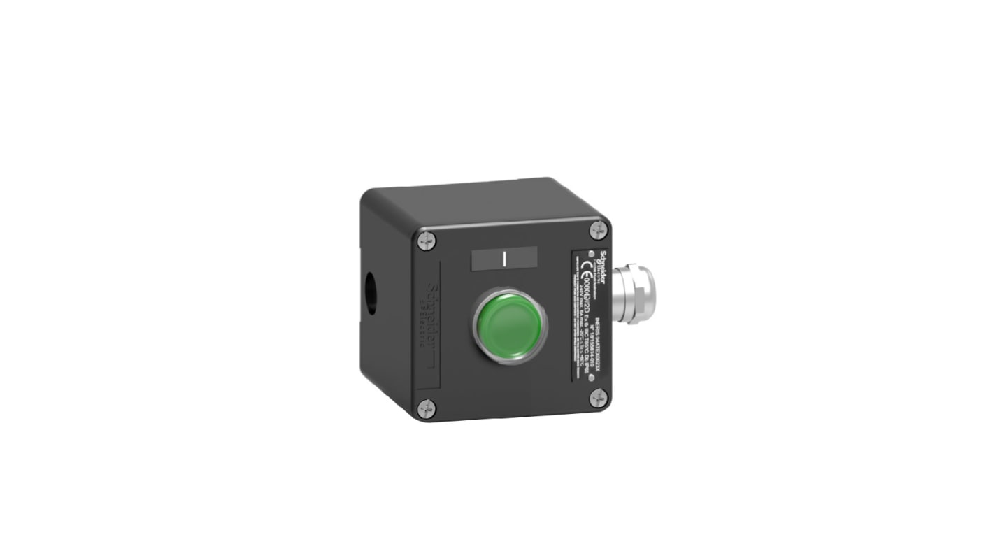 Pulsante di controllo Schneider Electric XAWF100EX, metallo, verde, IP65, dimensioni 80x77 mm, temperatura -20/+60 °C.