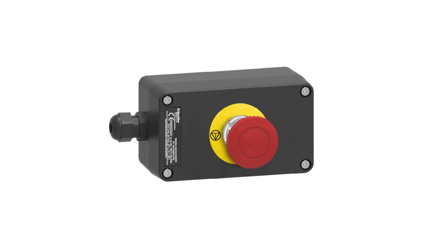 Pulsante di controllo Schneider Electric XAWG198EX, rosso, con funzione di arresto emergenza, grado di protezione IP65.