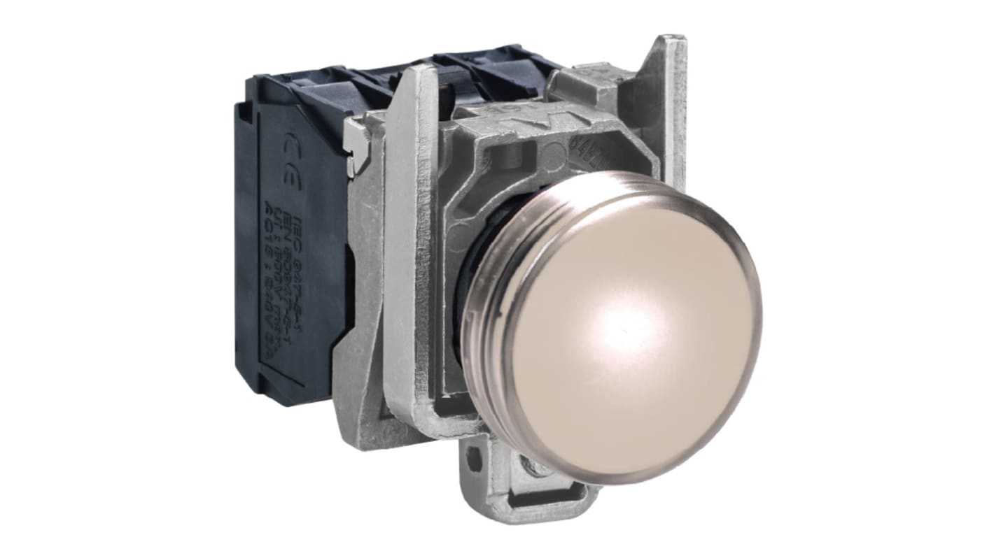 Luce pilota rotonda Schneider Electric Harmony XB4, diametro 22mm, bianca, 240V, IP54, in metallo cromato.