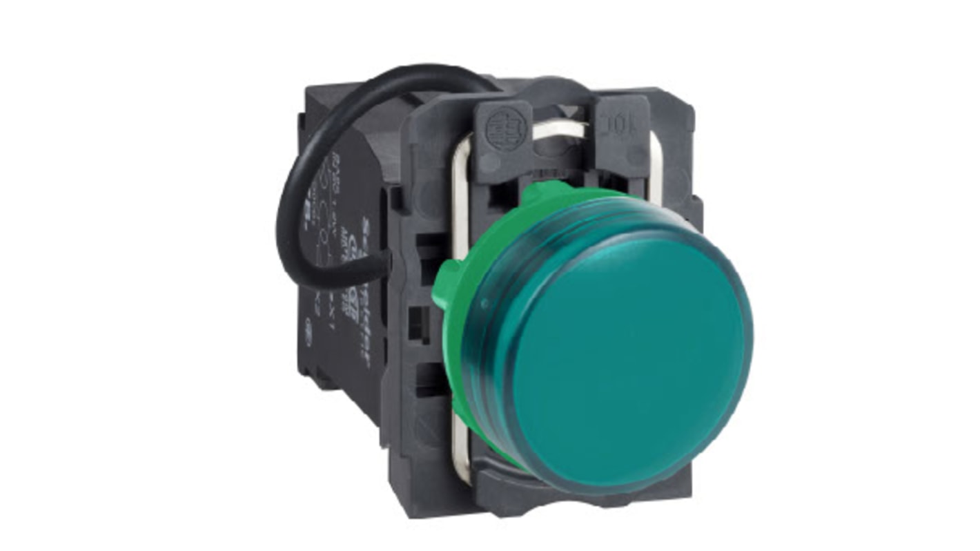 Luce pilota rotonda verde Schneider Electric XB5AV5B3, diametro foro 22mm, protezione IP66, tensione 400V.