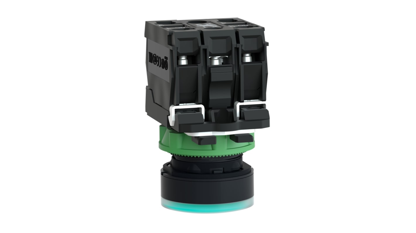 Pulsante rotondo illuminato verde Schneider Electric, SPDT, diametro 22 mm, temperatura operativa -40/+70 °C.
