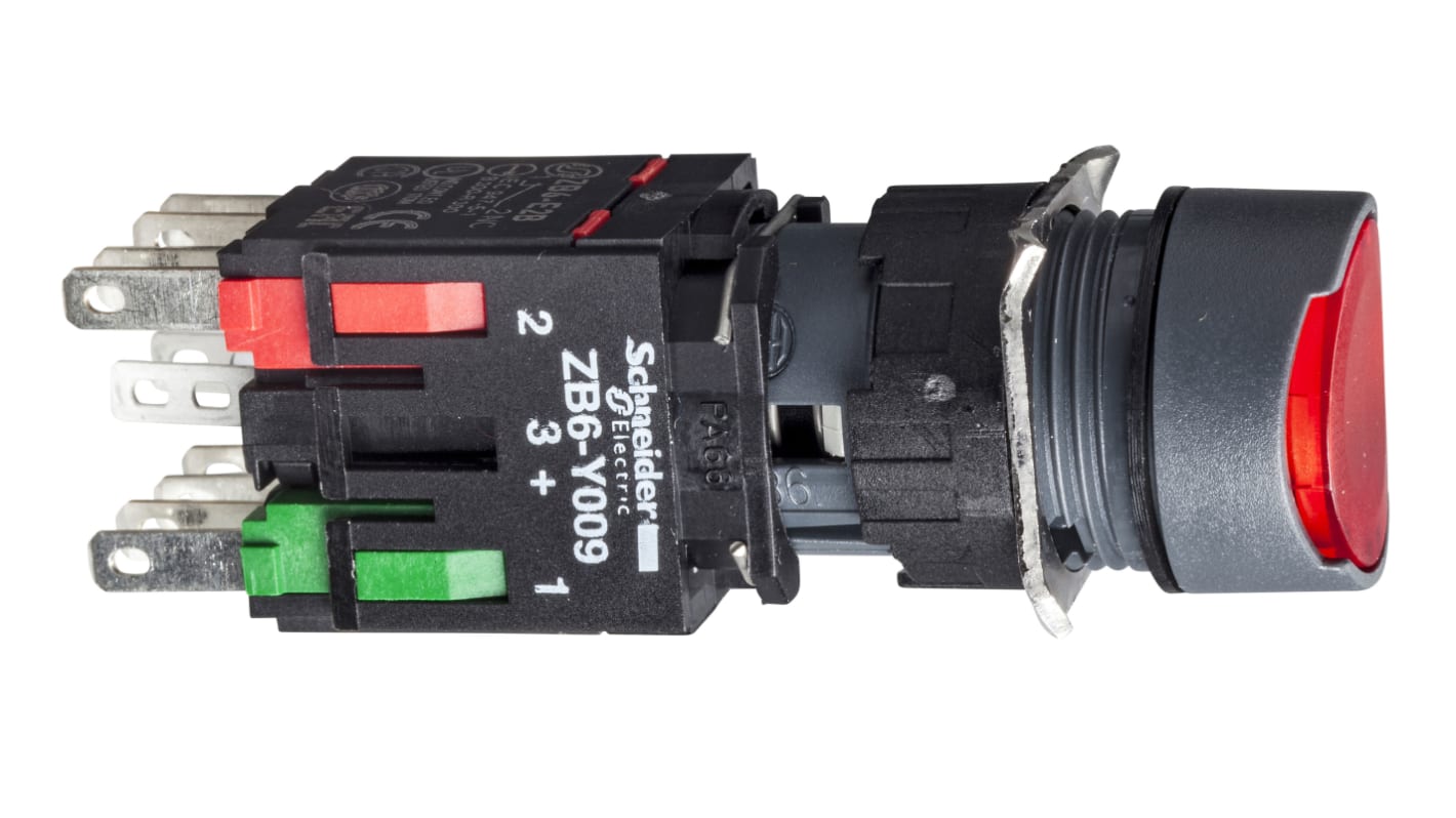 Pulsante rotondo Schneider Electric XB6AW4B2B, rosso illuminato, SPST, IP65, diametro 16 mm, tensione 24V, -40 a +70 °C.