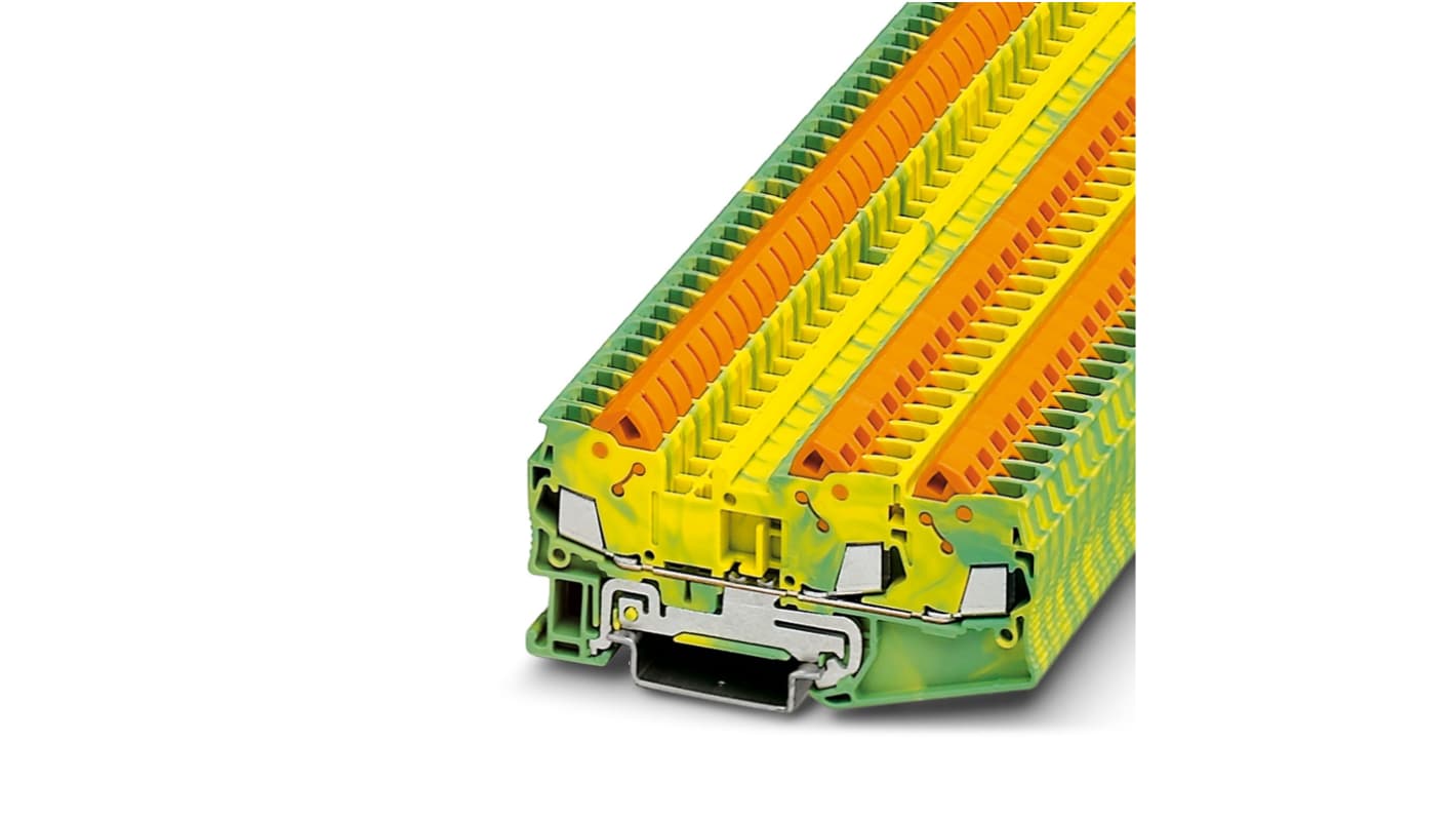 Morsettiera di terra Phoenix Contact 3206474, 3 vie, colore verde-giallo, compatibile con guida DIN, per cavi 20-14 AWG.