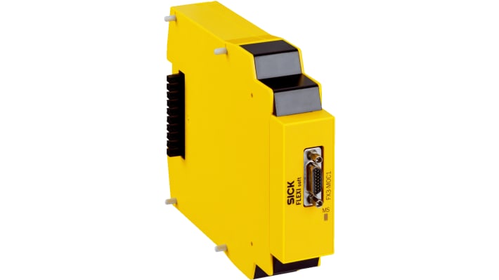 Modulo di controllo Sick FX3-MOC100000 per sistema Flexi Soft, montaggio su guida DIN, dimensioni 22,5 x 96,5 x 126 mm.