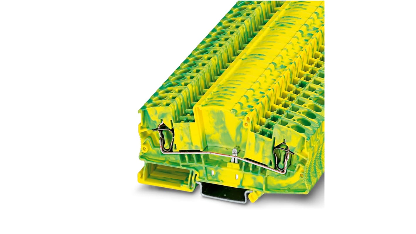 Morsettiera di terra Phoenix Contact 3035726, 2 vie, 10 mm², colore verde/giallo, con collegamento a gabbia a molla.