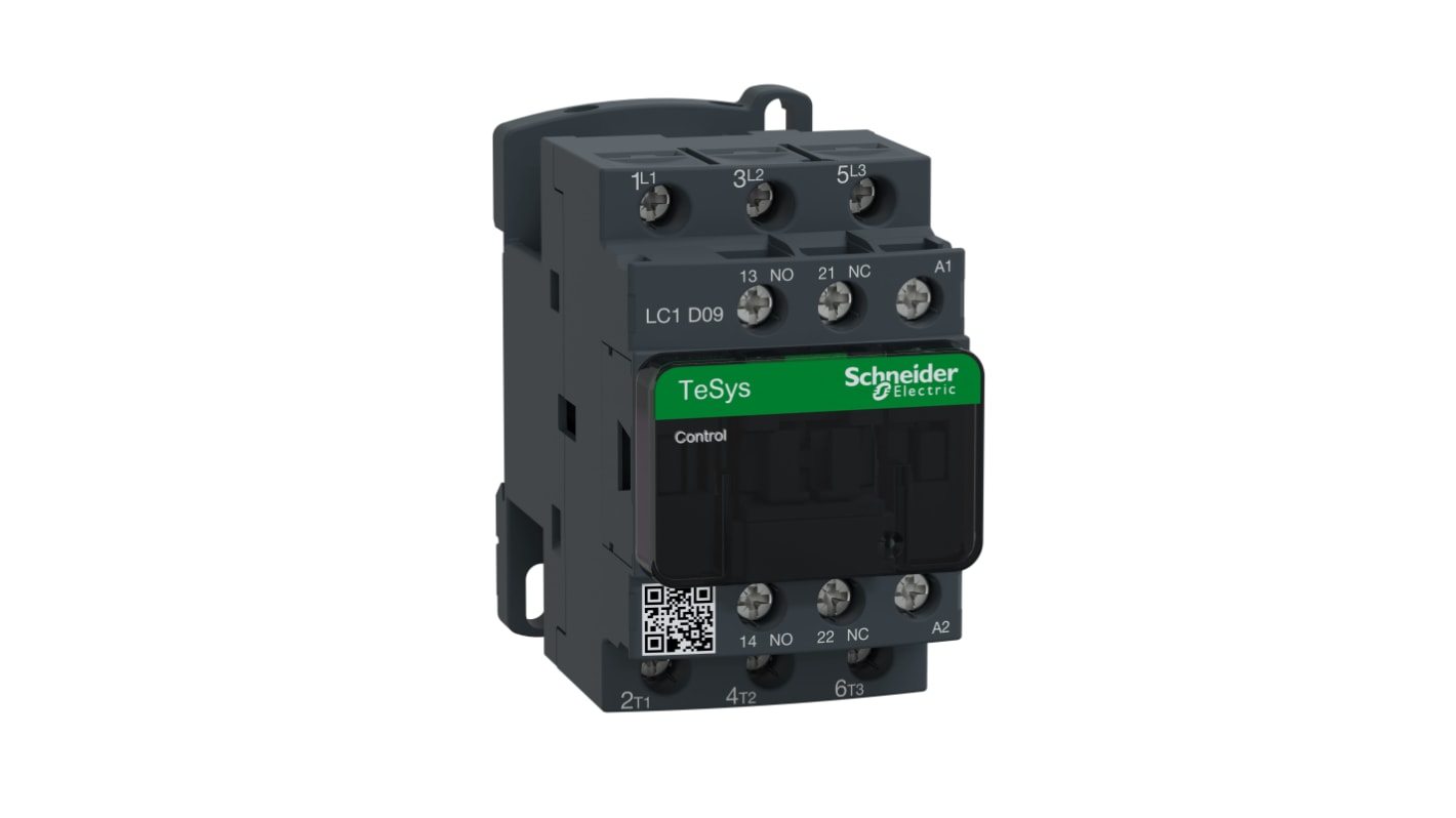 Contattore Schneider Electric LC1D09U7TQ, 3 poli, 1 NO + 1 NC, 9 A, montaggio su guida DIN, larghezza 45 mm.