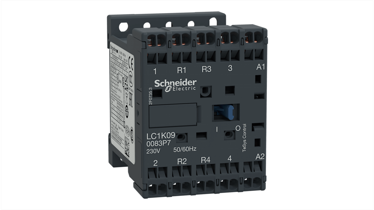 Contattore Schneider Electric LC1K090083E7, 4 poli, 2 NO + 2 NC, 20 A, 48 V, montaggio su guida DIN, larghezza 45 mm.