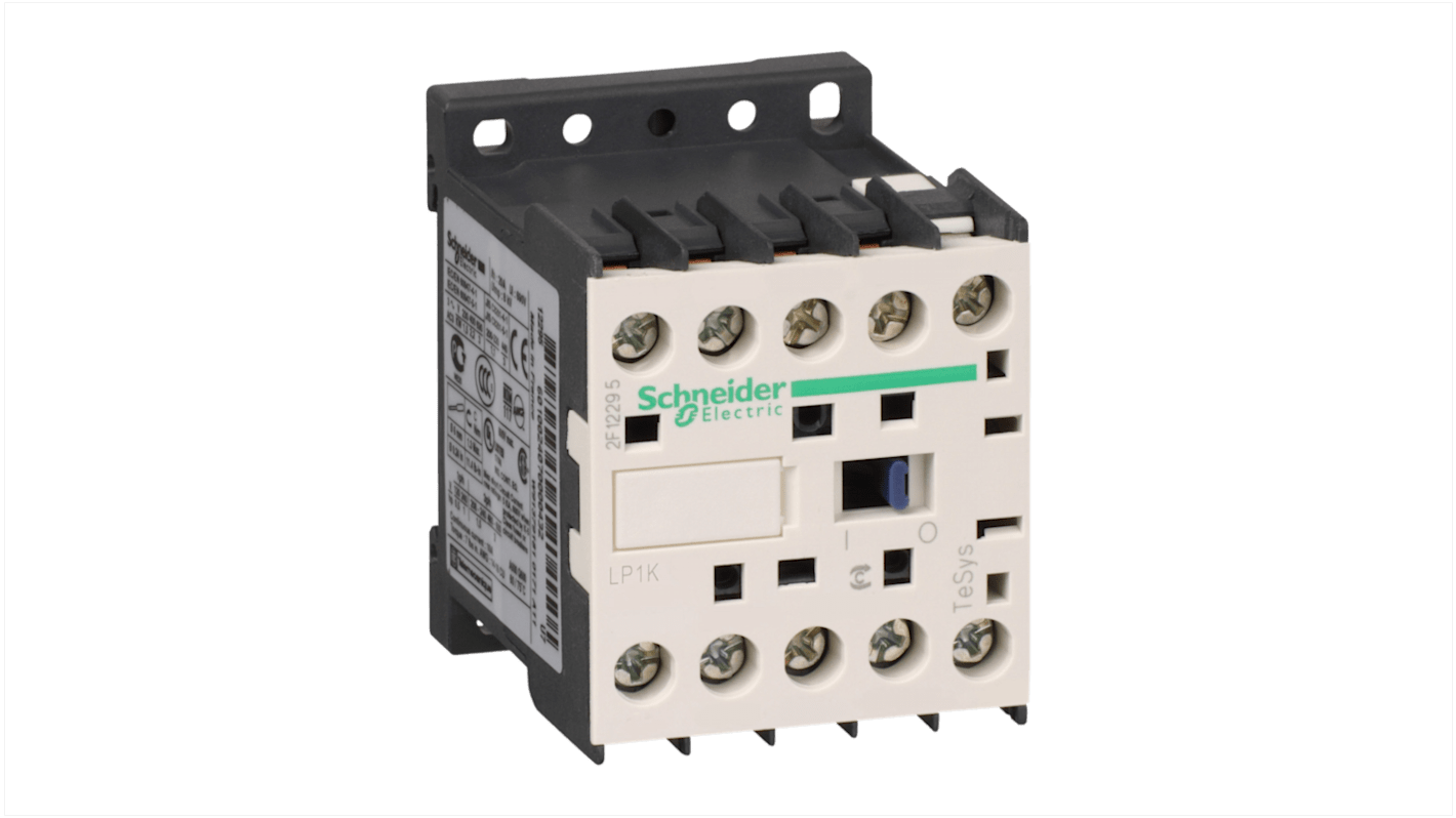 Contattore Schneider Electric LP1K09004BD3, 4 poli, 20 A, 24 V, montaggio su piastra, larghezza 45 mm, profondità 57 mm.