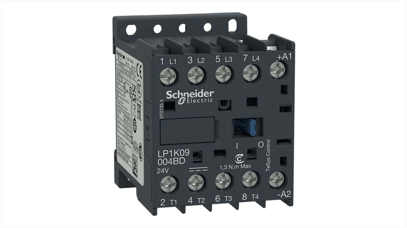 Contattore Schneider Electric LP1K09004JD, 4 poli, 20 A, bobina 12 V CC, montaggio su guida DIN, larghezza 45 mm.
