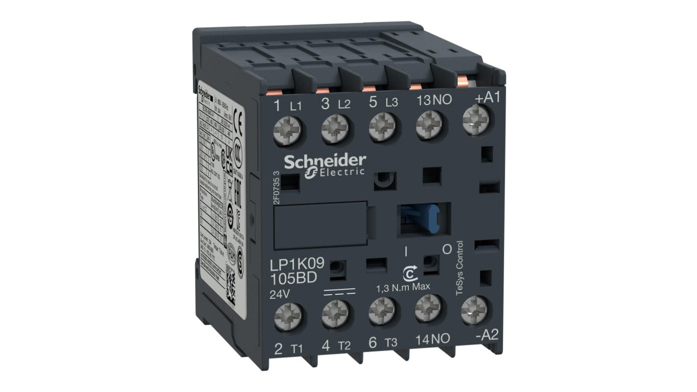 Contattore Schneider Electric LP1K09105BD, 3 poli 3NA, 24 V, 9 A, montaggio su guida DIN, larghezza 45 mm.