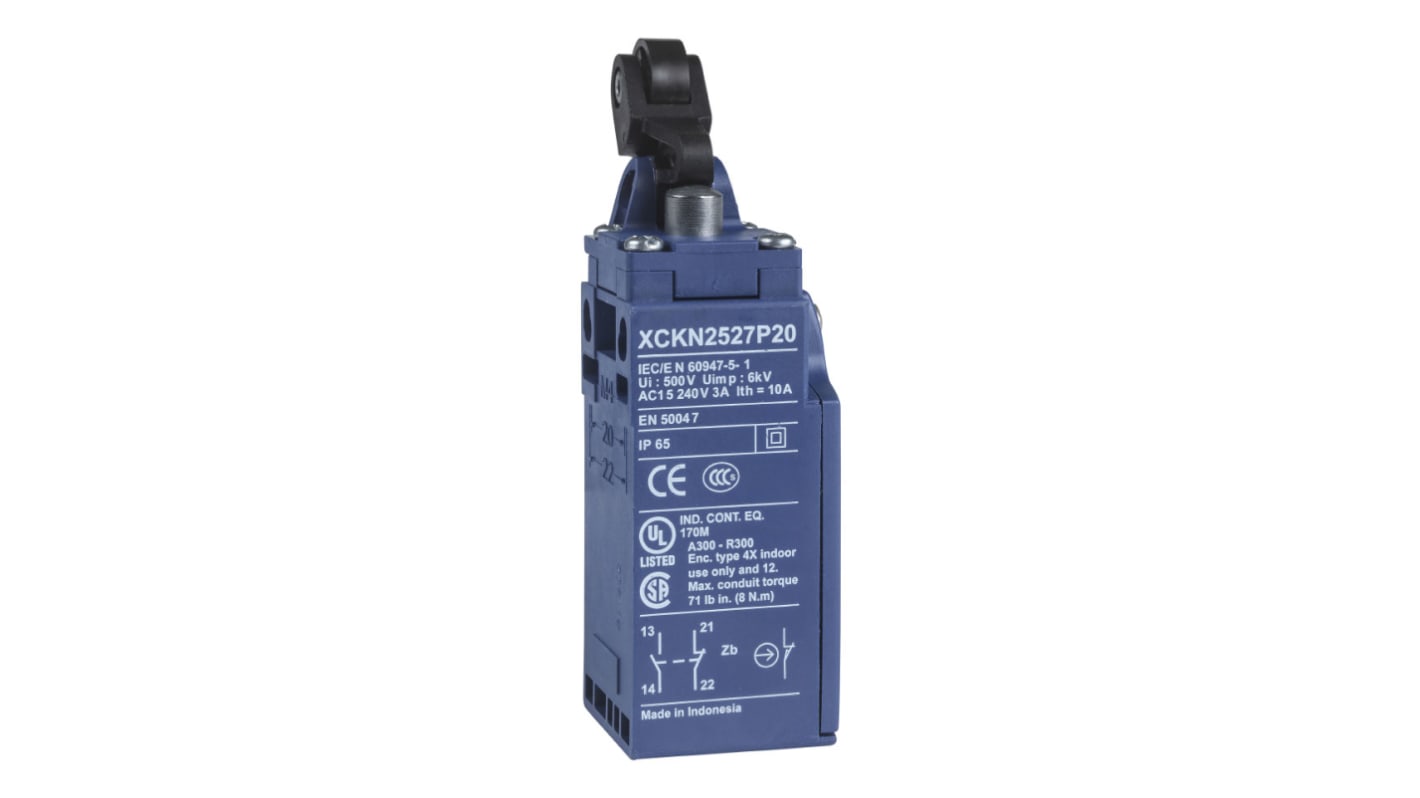Interruttore di fine corsa a rullo Telemecanique Sensors XCKN2527P20, 1NC/1NA, IP66/IP67, custodia plastica, corrente max 10A.