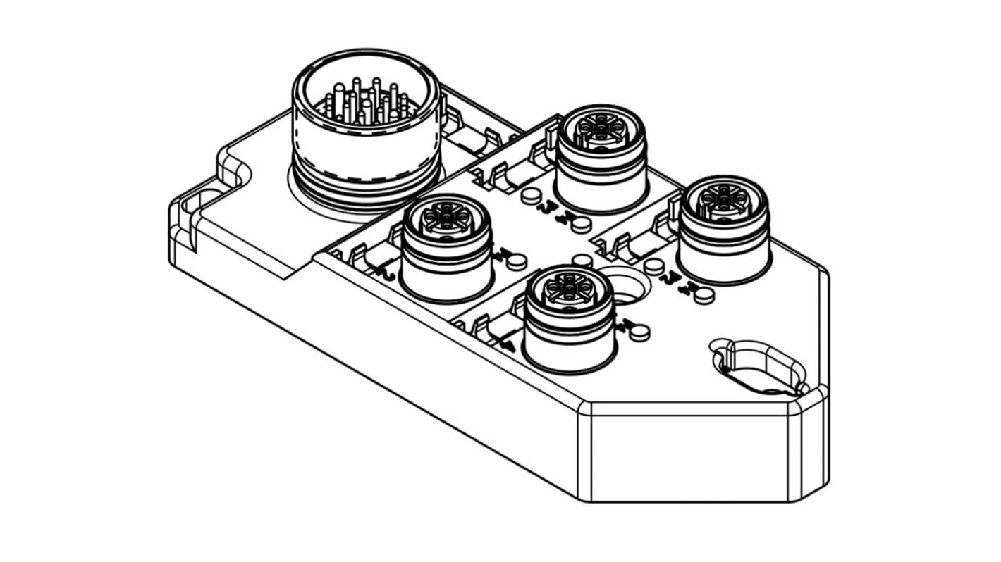 Scatola sensore Brad from Molex 1202510071, 4 porte M12, IP67, 10-30 V c.c., corrente 4 A per porta.