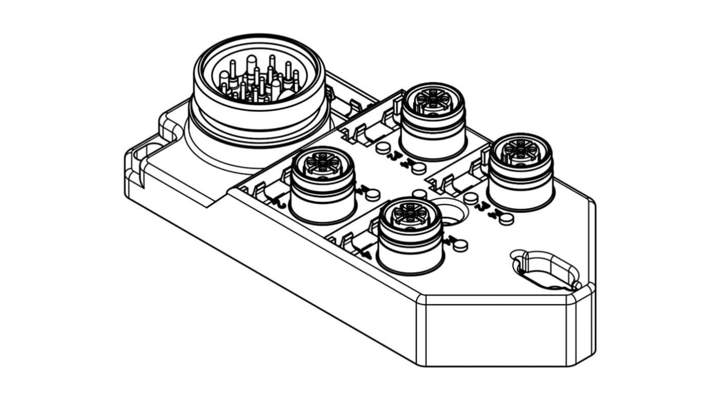 Scatola sensore M12 Brad from Molex 1202510088, 4 porte, IP67, tensione 10-30 V c.c., corrente 4 A per porta.