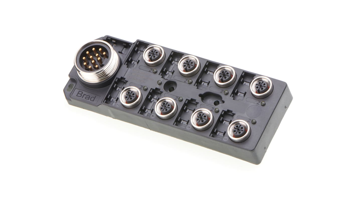 Unità di distribuzione Brad from Molex 1202480074, 4 porte M12, tensione operativa 10-30V cc, connettore di dimensioni standard.