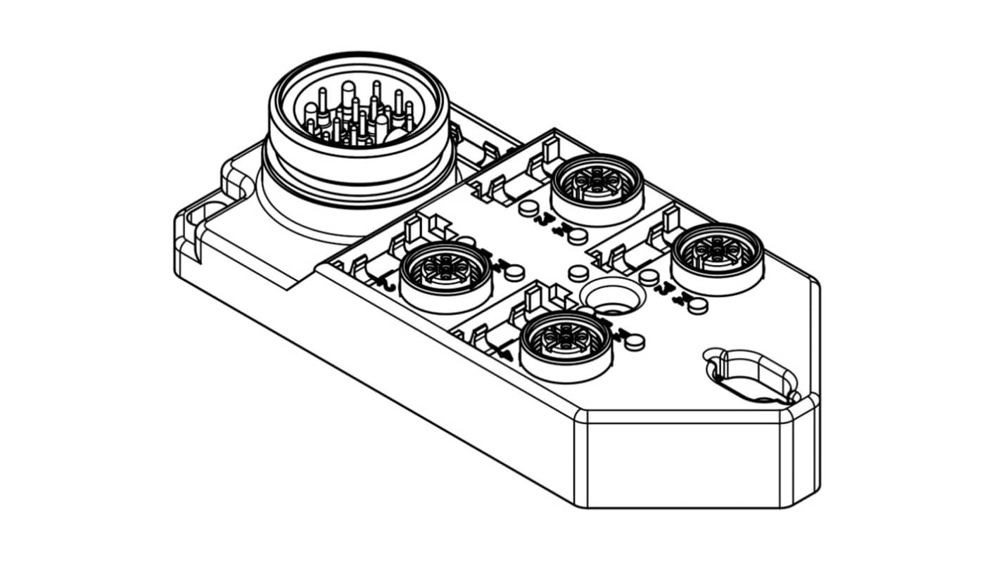 Unità di distribuzione Brad from Molex 1202480077, 4 porte M12, tensione operativa 10-30V cc, connettore di dimensioni standard.