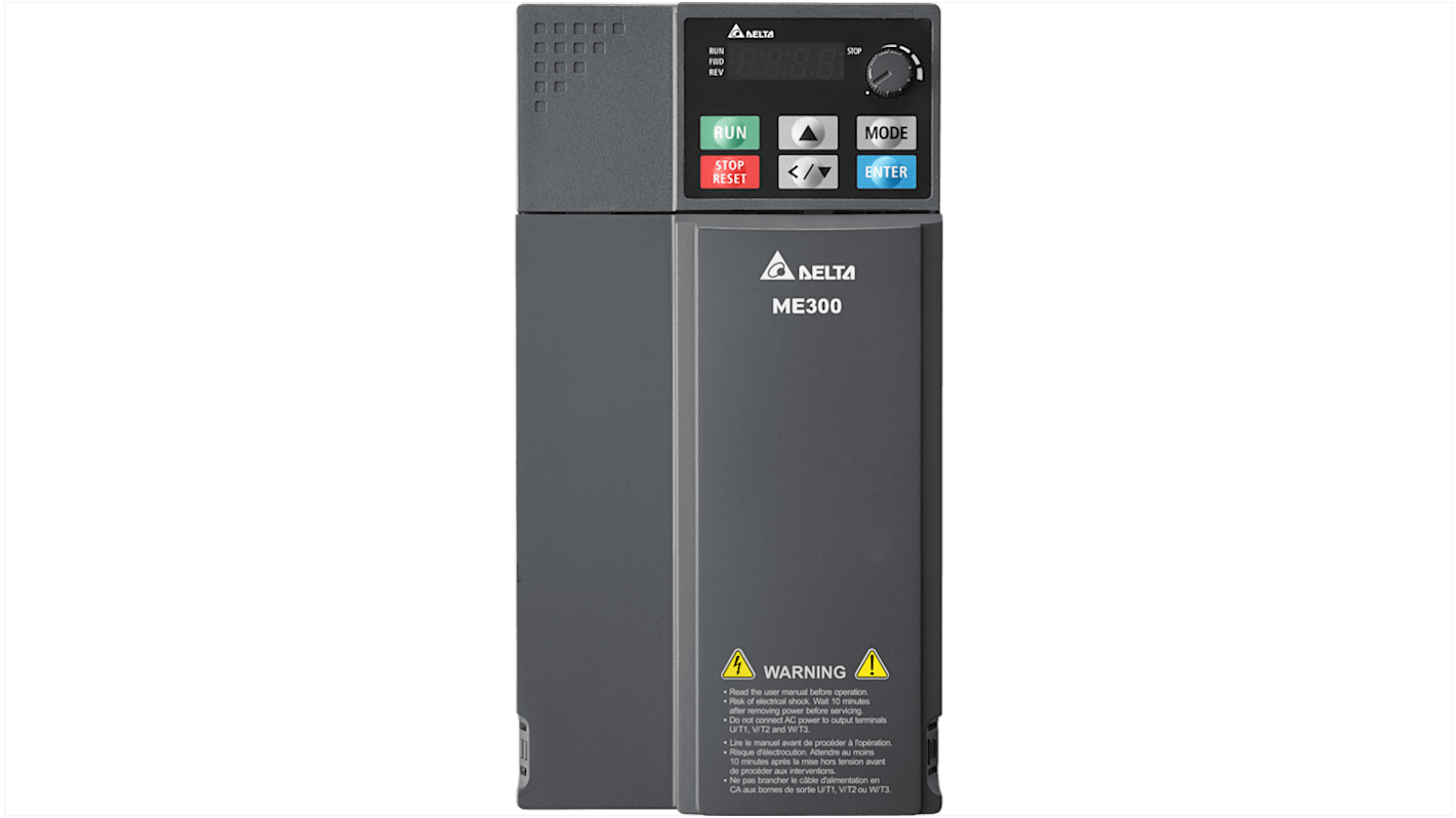Inverter trifase Delta Electronics VFD13AME43AFSAA, 5,5 kW, 460 V, corrente 13 A, design compatto, installazione standard.