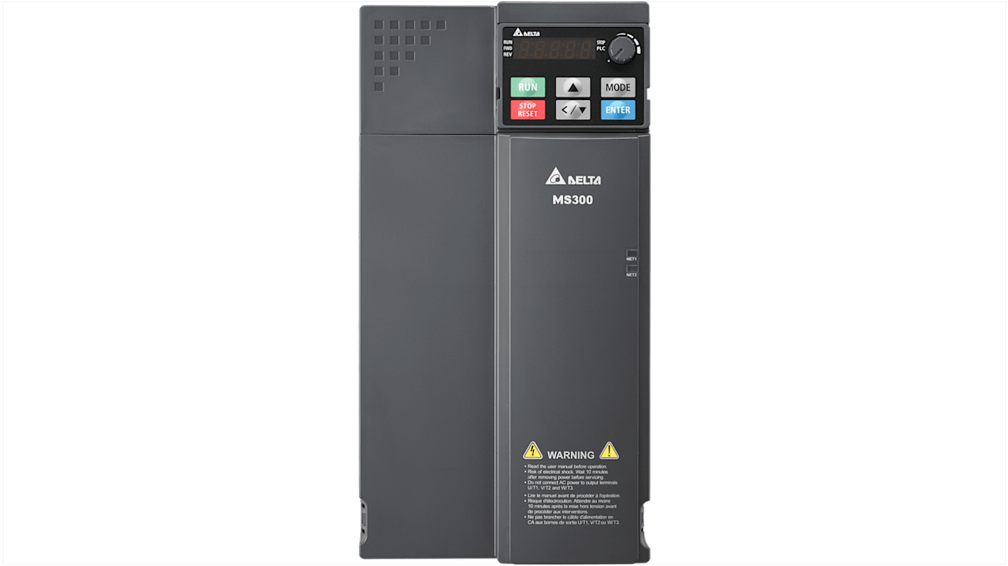 Inverter trifase Delta Electronics VFD32AMS43AFSAA, 15 kW, 460 V, 32 A, frequenza 0-599 Hz, interfaccia Modbus RS485.
