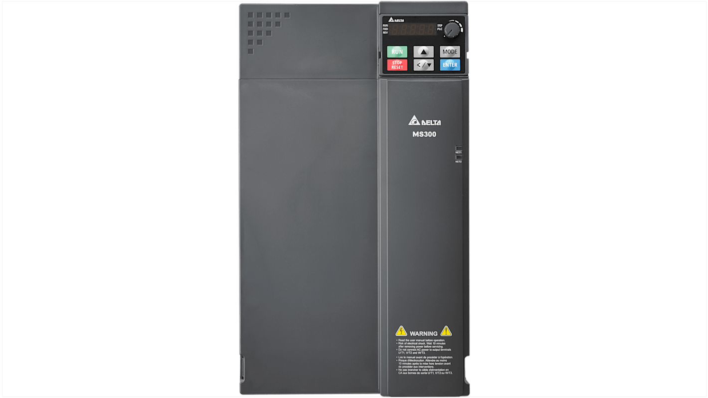 Inverter Delta Electronics VFD38AMS43AFSAA 18 kW 460V 3 fasi IP20 0-599Hz per applicazioni industriali. Interfaccia intuitiva e filtro EMI integrato.