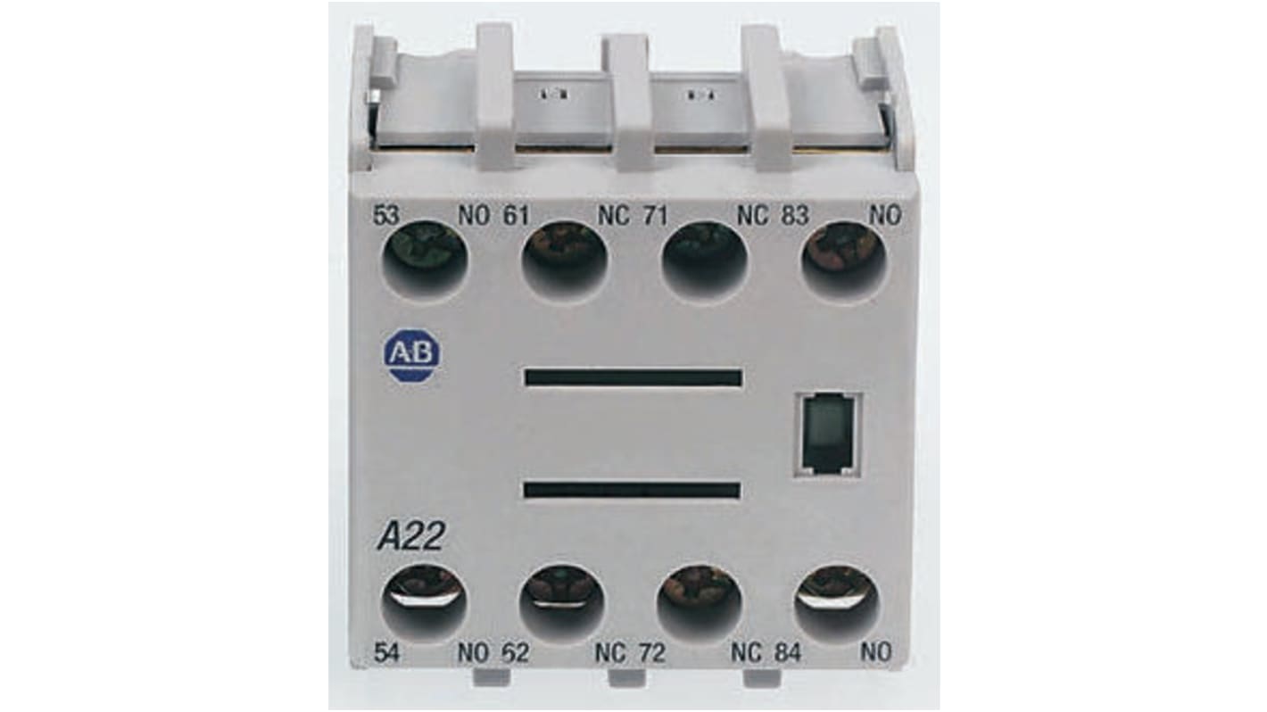 Modulo contatti Allen Bradley 100-FA40, 4NO, montaggio anteriore, corrente nominale 10 A, conforme a IEC 947-5-1.