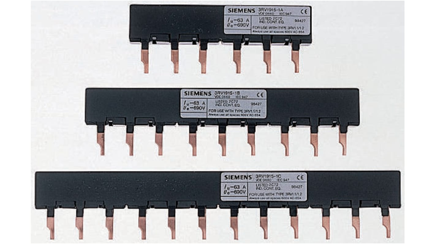 Barra di distribuzione trifase Siemens 3RV1915-3AB, 690V, passo 63mm SIRIUS per dimensioni S00, S0 e S2. Ideale per soluzioni elettriche avanzate.