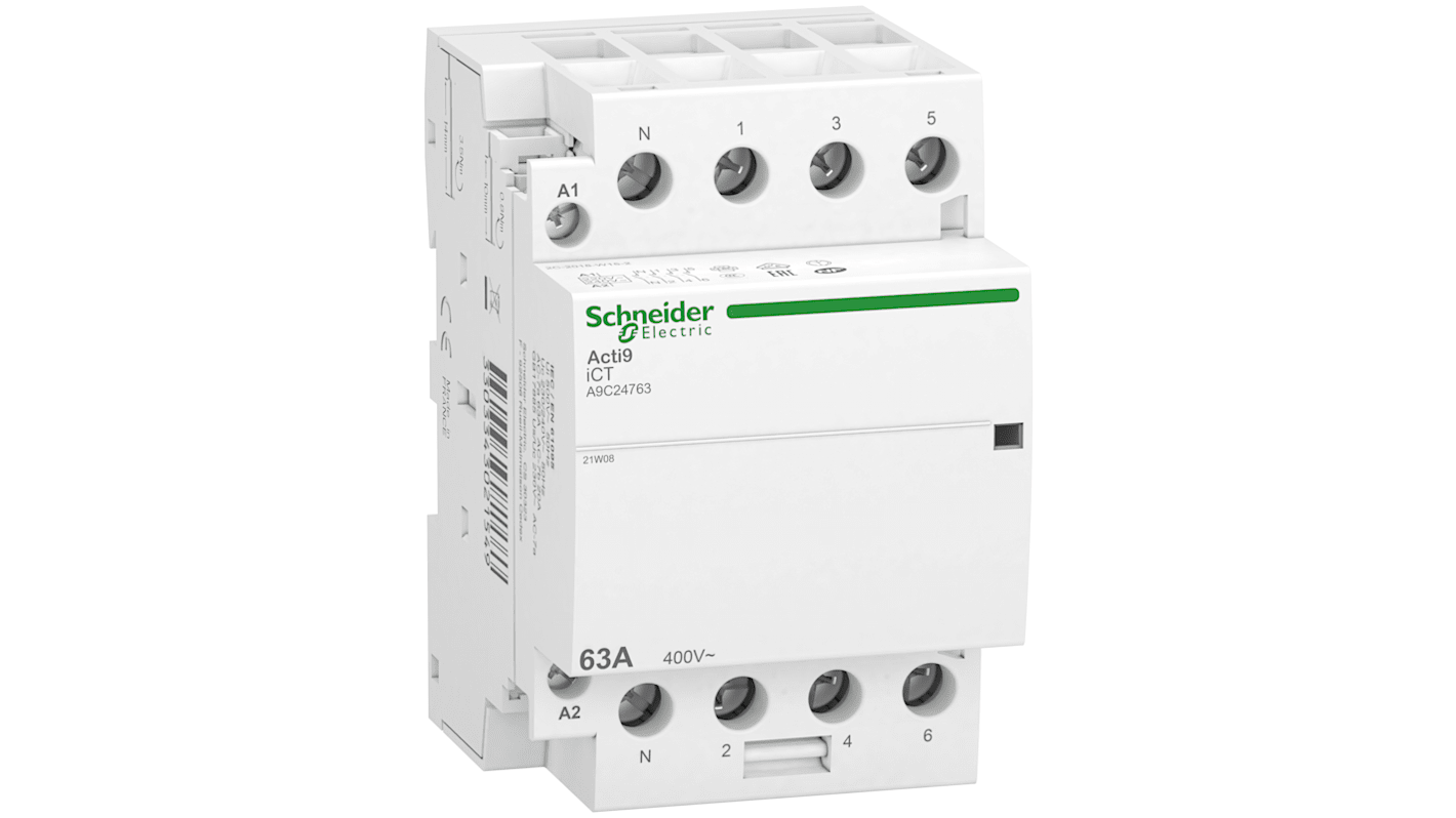 Contattore Schneider Electric A9C24763, 4 poli 4NO, 63 A, 240 V c.a., IP20, per applicazioni industriali.