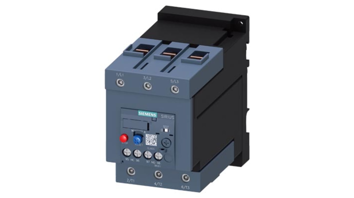 Relè contattore Siemens 3RU21464MB1, 1NC/1NO, per protezione motore, carico FLC 100 A, potenza 90 kW.