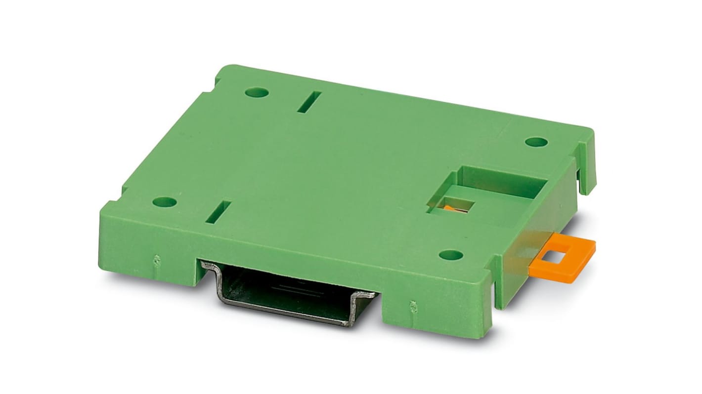 Contenitore per morsetto Phoenix Contact in poliammide, montaggio a vite, dimensioni 70 mm x 74,5 mm, adattabile a guida DIN.