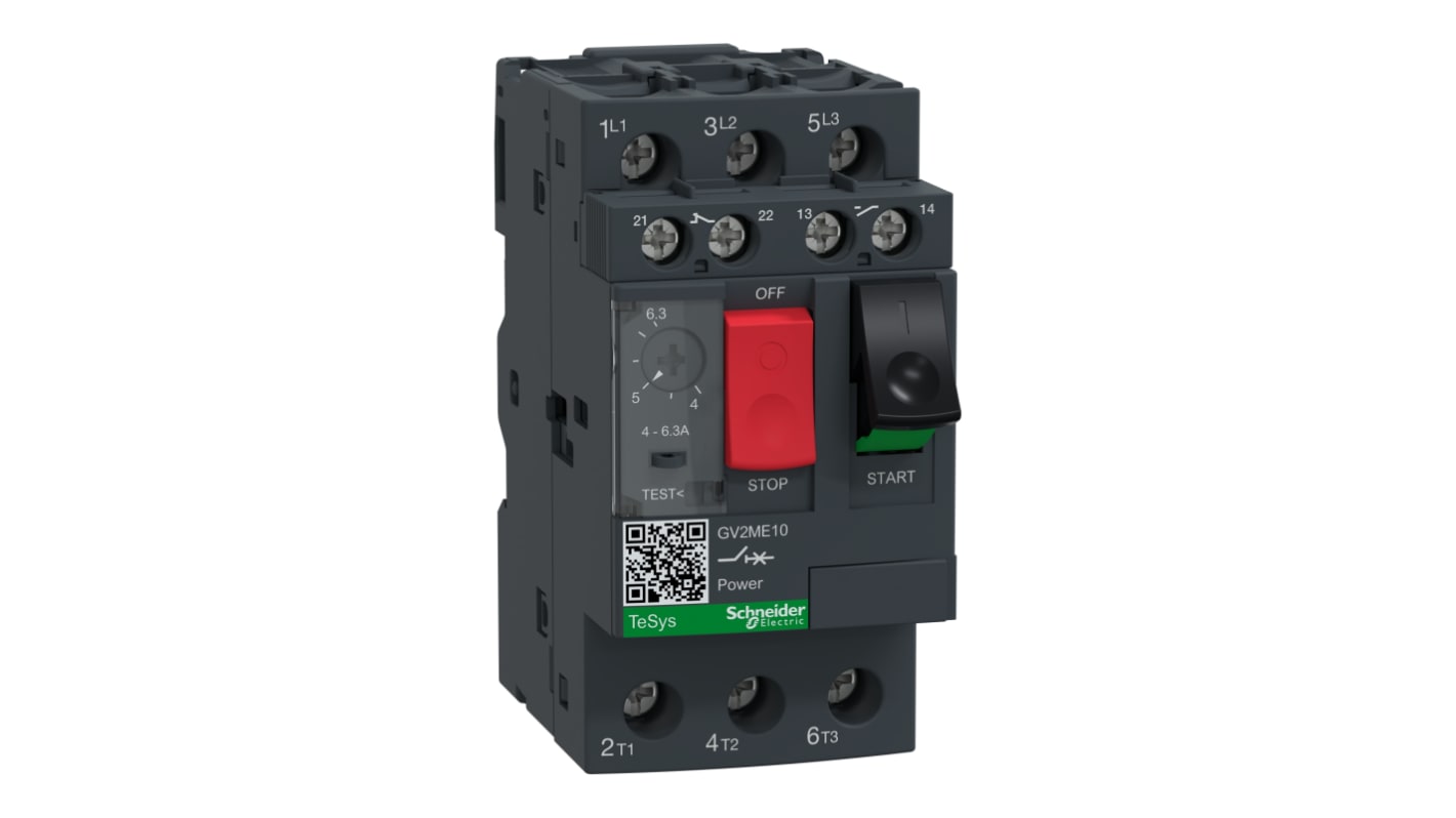 Interruttore automatico motore Schneider Electric GV2ME10AE11TQ, 3 poli, corrente 4-6,3 A, tensione 690 V, dimensioni 89x44,5x78,2 mm.