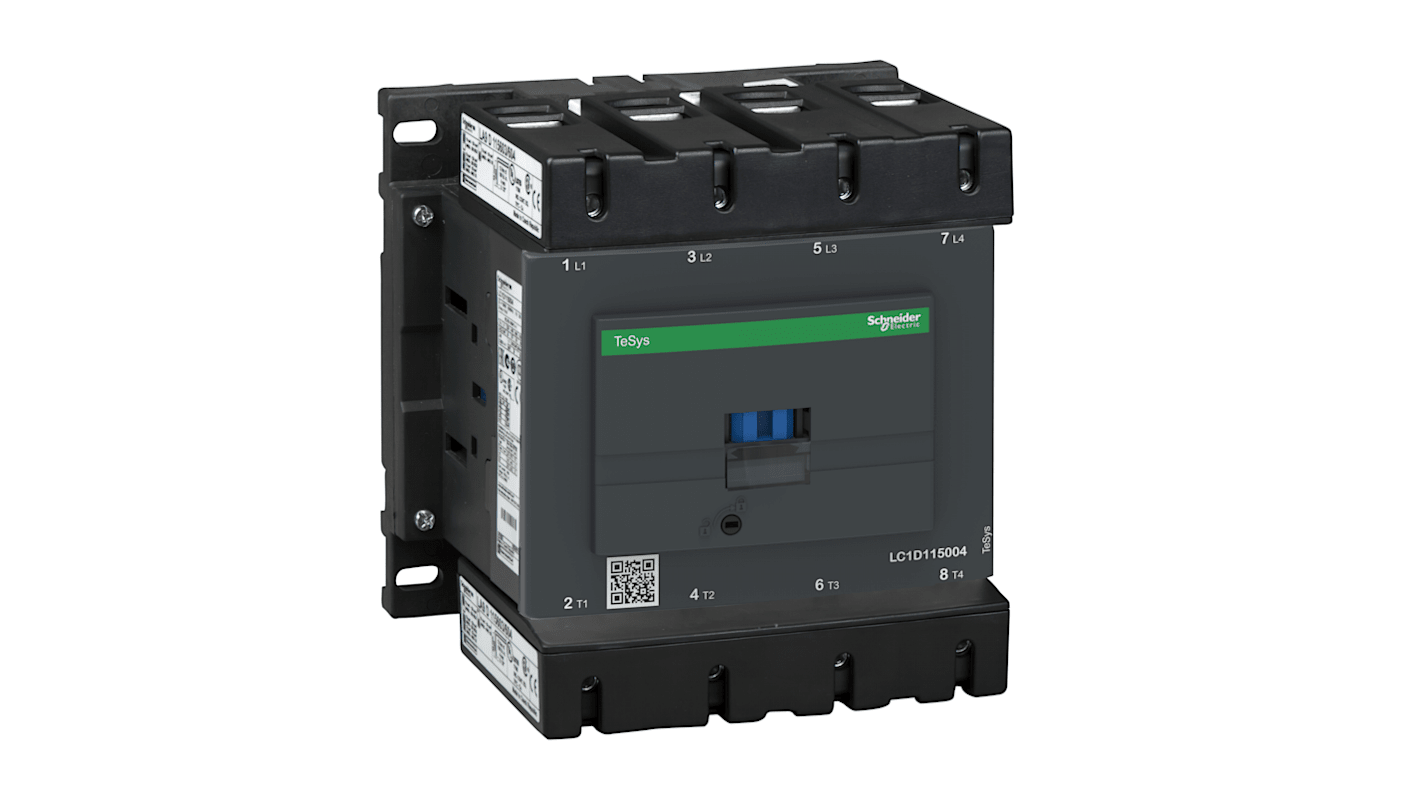 Contattore Schneider Electric LC1D115004FD, 4 poli, 115 A, 110 V, montaggio su guida DIN, resistenza al fuoco migliorata.