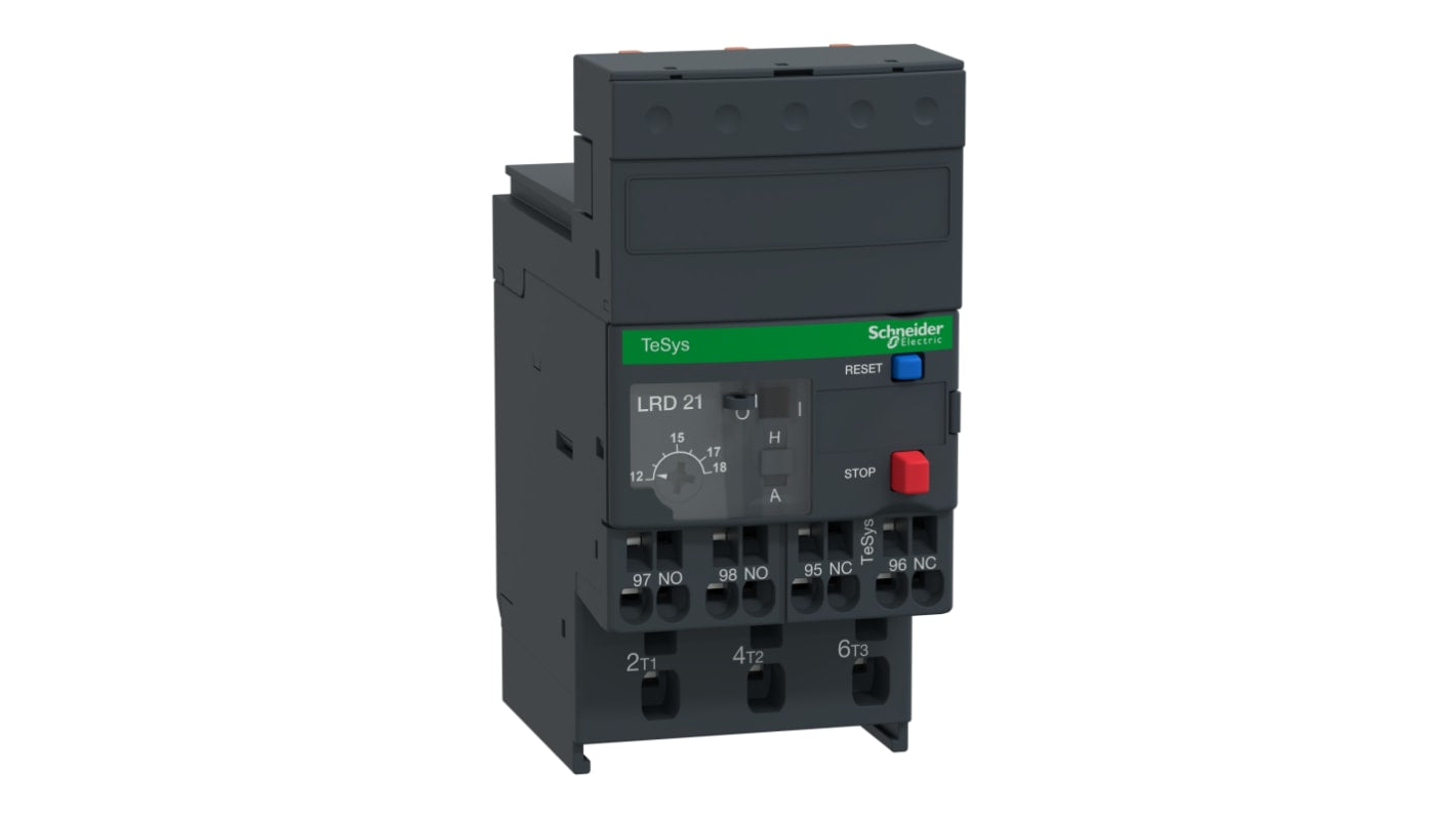 Relè di sovraccarico termico Schneider Electric LRD213, 1 NA + 1 NC, carico FLC 12-18 A, installazione su contattori a 3 poli.