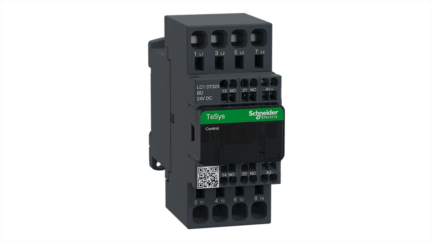 Contattore Schneider Electric LC1DT323BD, 4 poli, 32 A, bobina a basso consumo, montaggio su guida DIN, resistenza al fuoco.