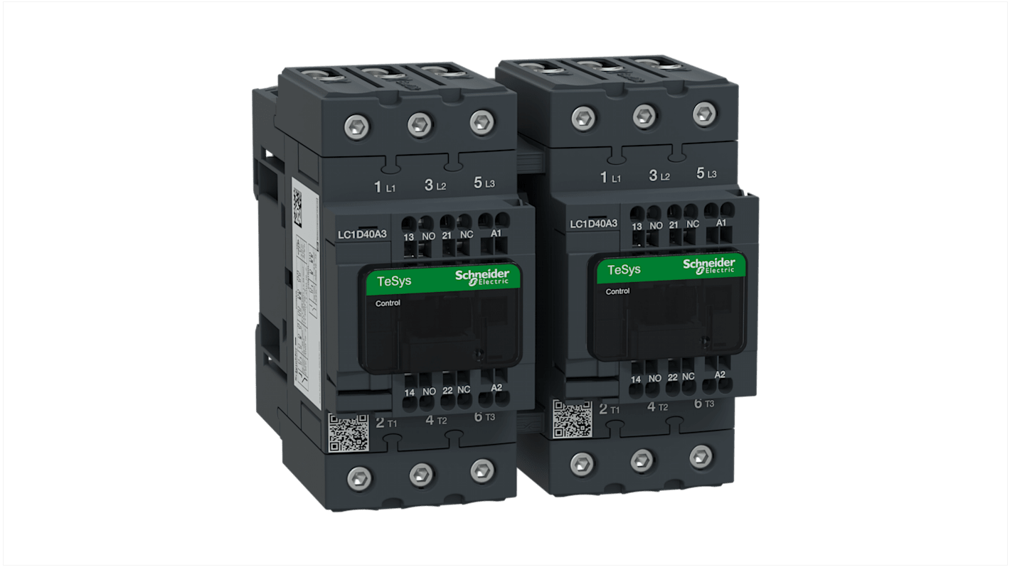 Contattore di inversione Schneider Electric LC2D40A3FE7, 40 A, 3 poli, montaggio su guida CompactDIN, operante fino a 60°C.