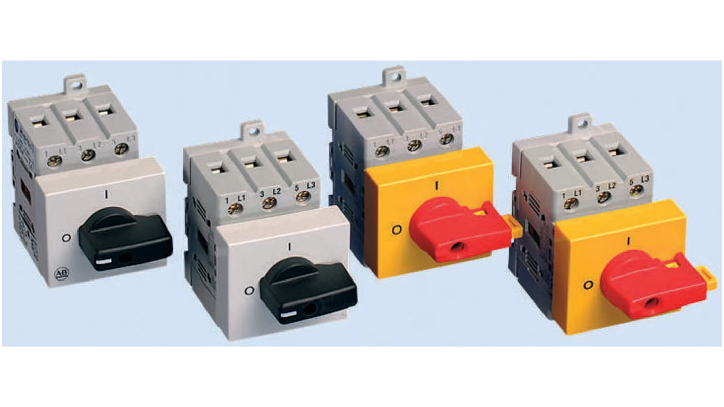 Interruttore di isolamento Allen Bradley 194E-A25-1753-R, 3 poli, 25A, IP66, montaggio su base, dimensioni 70x45x59 mm.