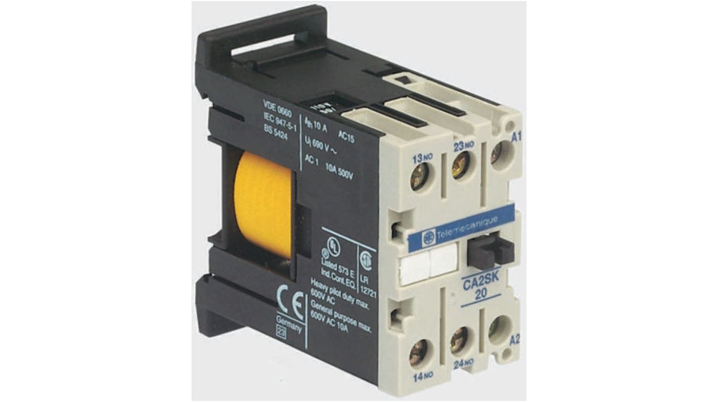 Contattore Schneider Electric CA2SK11F7, 1 NO + 1 NC, 10 A, montaggio su guida DIN 35 mm, dimensioni 27 mm x 56 mm x 55.5 mm.