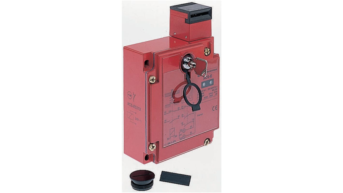Interruttore di interblocco a solenoide Telemecanique Sensors XCSE5331 con blocco a chiave, indicatori LED e protezione IP67. Ideale per macchinari industriali pesanti.