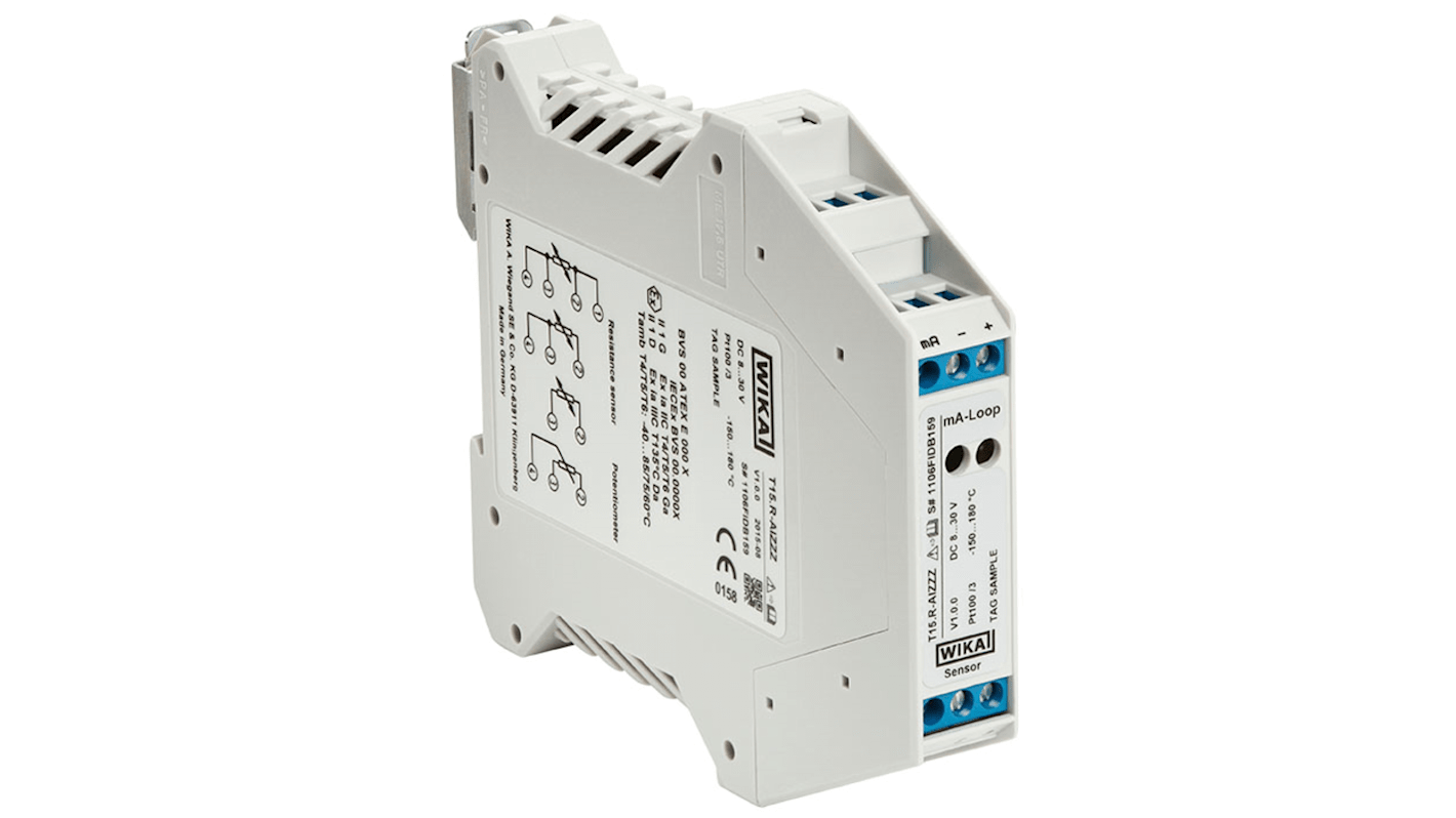 Trasmettitore di temperatura WIKA 70309083 T15.R Rail DIN, ingresso PT100, uscita 4-20 mA, range -200°C a 850°C.