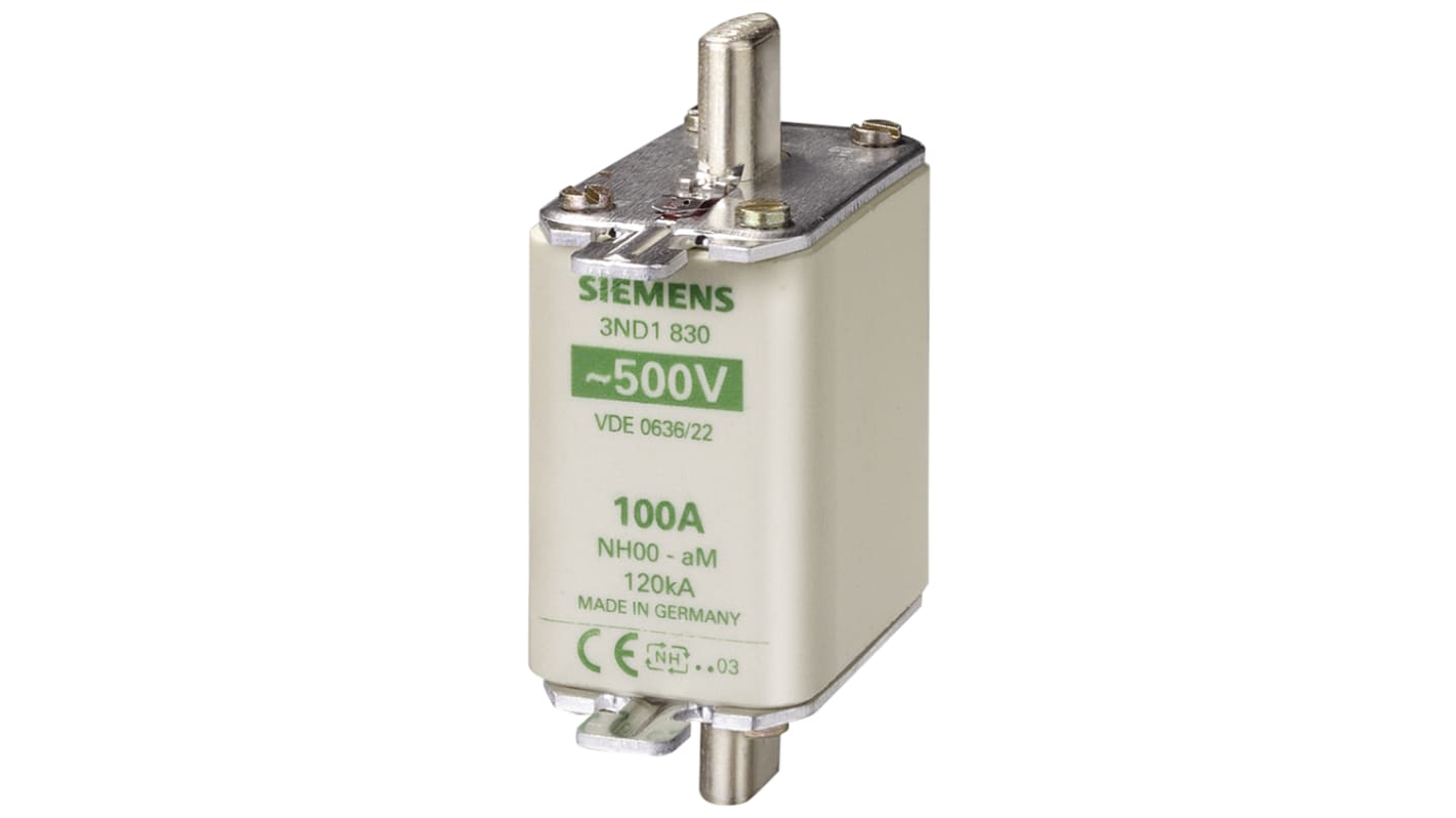 Fusibile NH Siemens 100A, classe NH00, per protezione impianti, tensione 440-500V, con pin in argento e indicatore.
