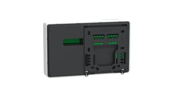Gateway Schneider Electric CCTFR6311G2 Wiser ZigBee per gestione energia, illuminazione e riscaldamento, montaggio su unità multimediale.