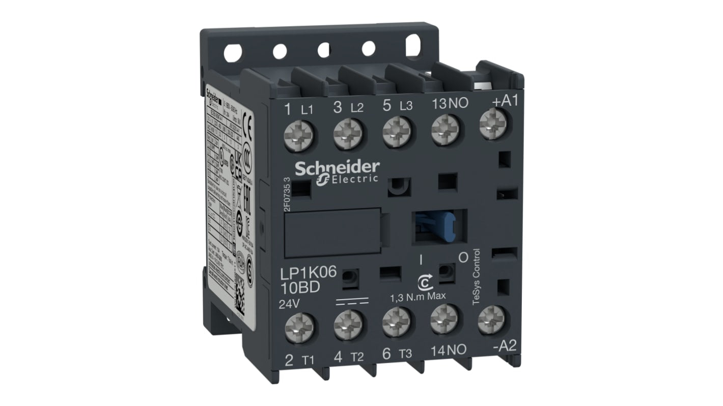 Contattore miniaturizzato TeSys K LP1K0610BD 3P 3NA 6A 2,2kW 24V c.c. per applicazioni industriali. Resistente, silenzioso e affidabile. Ideale per linee di produzione e sistemi di raffreddamento.