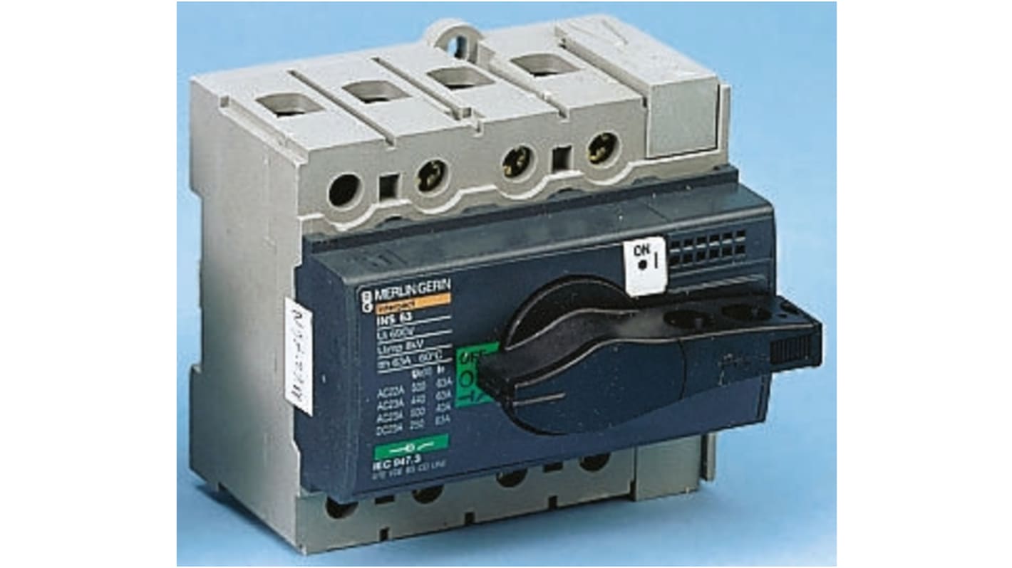 Interruttore di isolamento Schneider Electric 28902, 3P, 63A, IP40 - Serie Interpact INS40 / 160. Per circuiti di distribuzione con bloccaggio sicuro e controllo rotativo. Conforme agli standard IEC.
