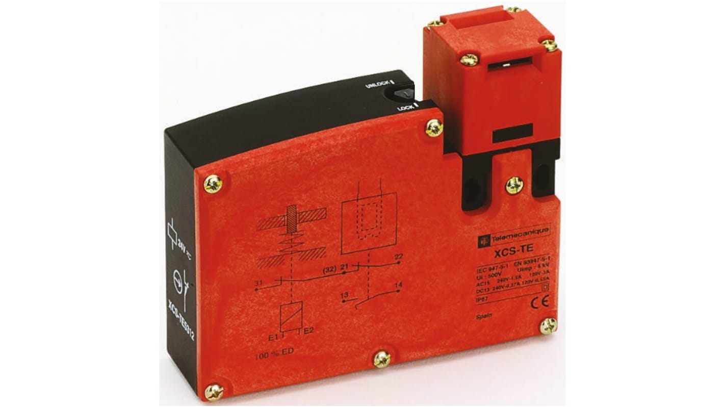 Interruttore di interblocco a solenoide Telemecanique Sensors XCSTE5332, 120V, IP67, con contatti di sicurezza NO/NC e bloccaggio a chiave.