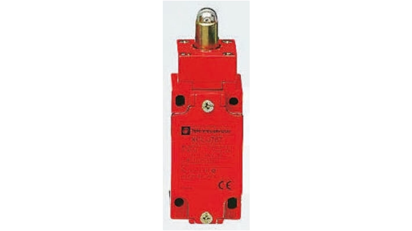 Telemecanique Sensors, interruttore di fine corsa XCLJ761H29, corpo metallico rosso, IP66, 2 contatti di apertura positiva, dimensioni 107x40x44 mm.