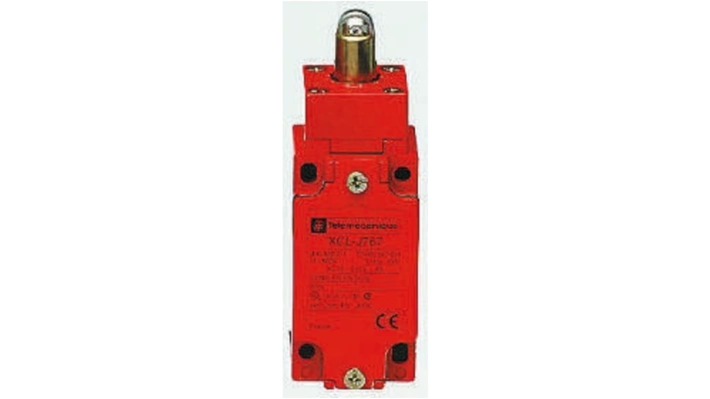 Interruttore di fine corsa Telemecanique Sensors XCLJ767H29, corpo metallico rosso, IP66, 2 contatti di apertura positiva, dimensioni 107mm x 44mm x 40mm.