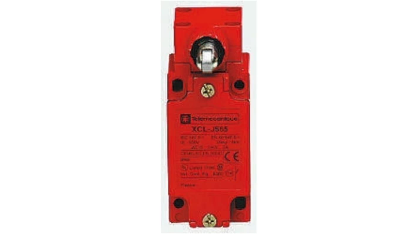 Telemecanique Sensors, interruttore di fine corsa XCLJ565H29, tasto a rotella NO/NC, grado di protezione IP66, corpo metallico rosso, dimensioni 100mm x 40mm x 63.6mm.