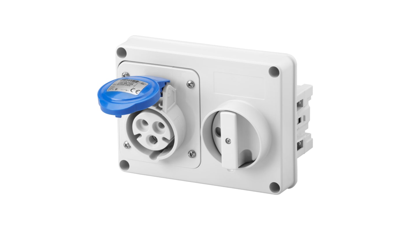 Presina industriale Gewiss GW66104 con interruttore di blocco IP44, conforme standard IEC 309. Sicurezza e affidabilità per applicazioni industriali.