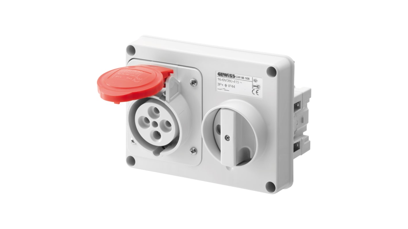 Presa industriale Gewiss GW66108, 3+E, 16A, IP44, con interruttore di blocco. Conforme standard IEC 309, senza fusibili.