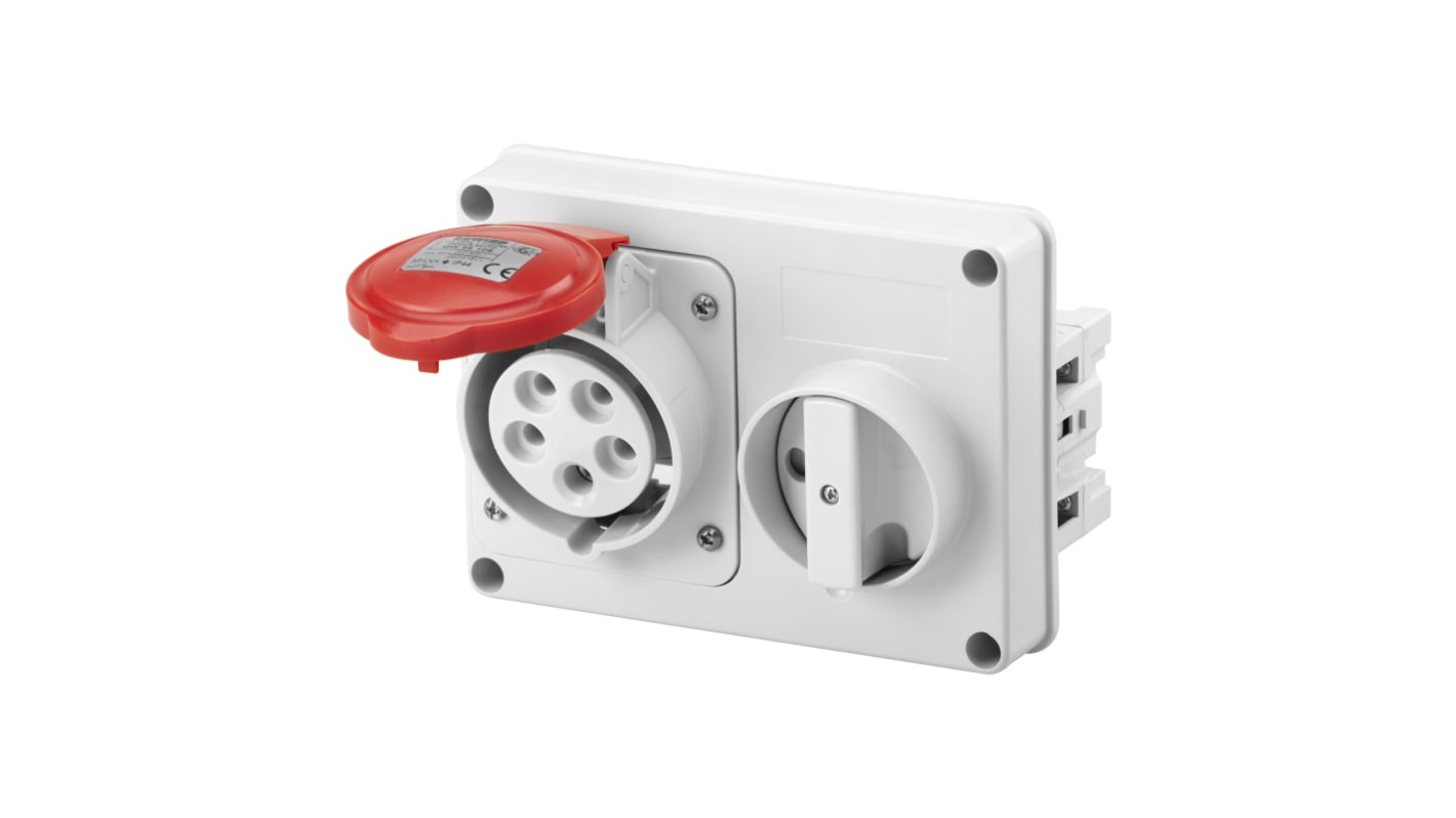 Connettore di alimentazione industriale Gewiss GW66120, 3P + N + E, 32A, IP44. Interruttore di blocco, standard IEC 309. Ideale per applicazioni senza fusibili.