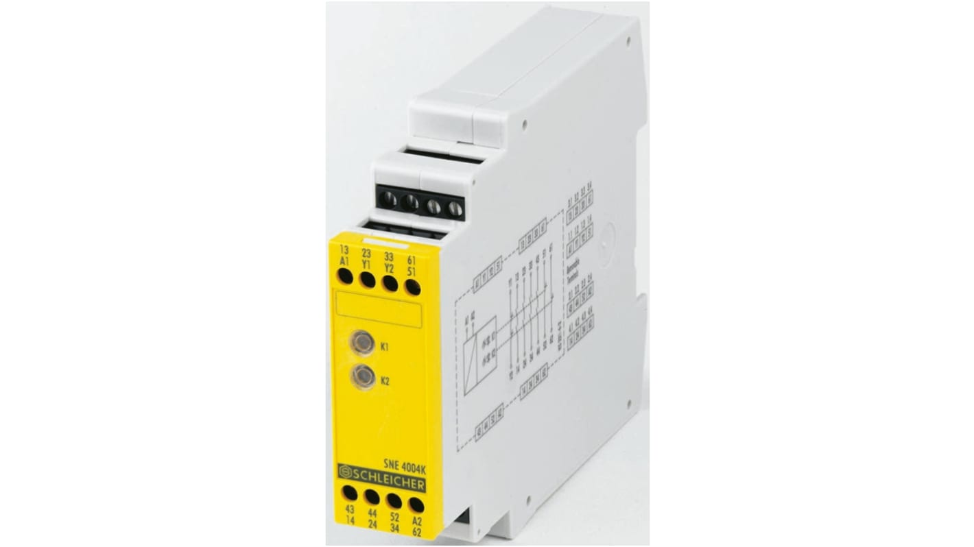 Modulo d'uscita Wieland R1.188.0590.0 safeRELAY SNE, 4NO/2NC, 24 V, montaggio su guida DIN, dimensioni 96,5 x 22,5 x 114 mm.