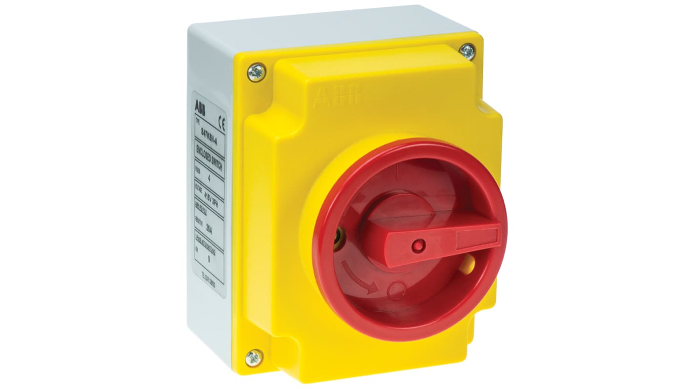 Interruttore di isolamento ABB S426KN, 4 poli, IP65, 63A, dimensioni 170x140x108mm, maniglia rosso/giallo, bloccabile.