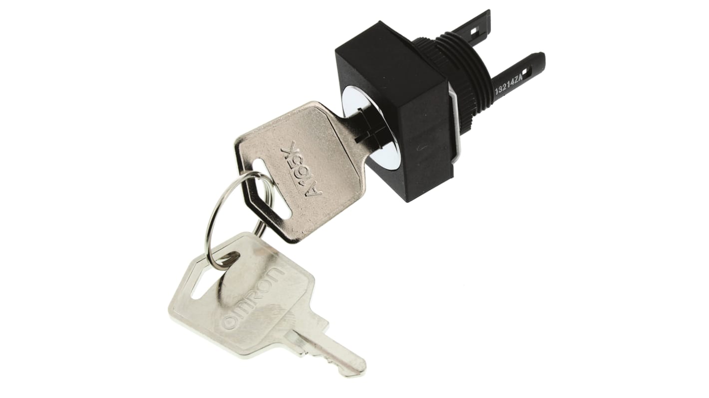 Interruttore a chiave Omron A165KJ2ML2, DPDT 2 posizioni, IP65, diametro foratura 16 mm, corrente 5 A a 125 V, angolo 90 gradi.